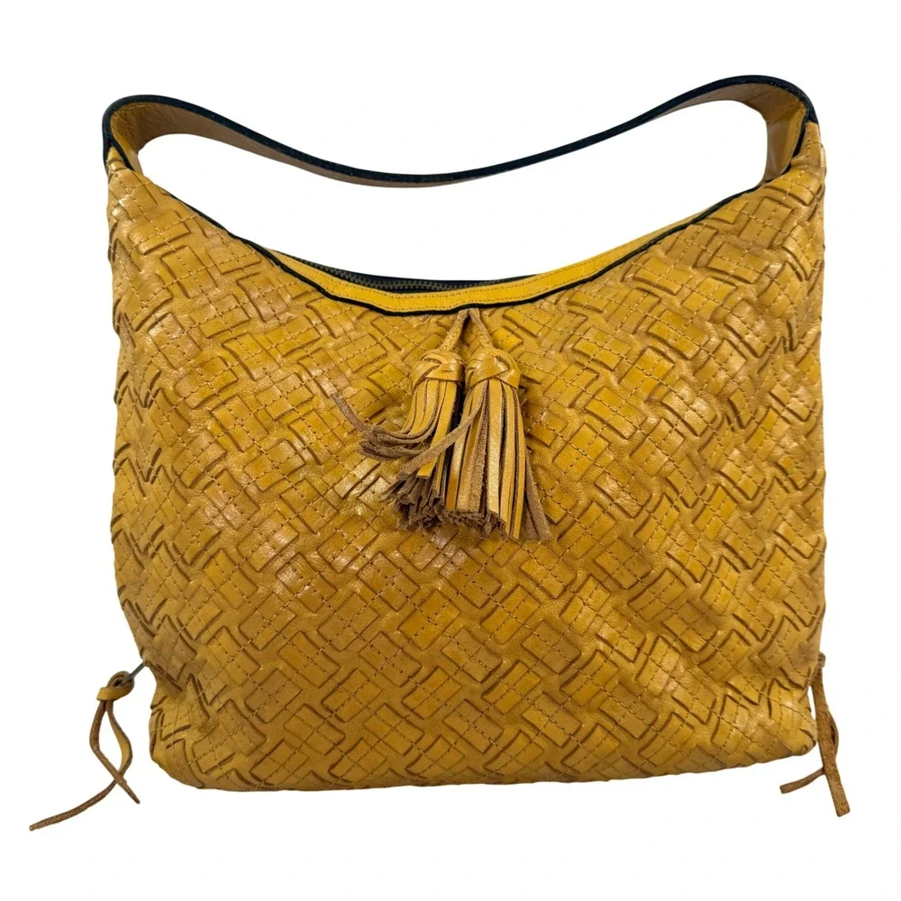 Patricia Nash Maissana Hobo Mustard Yellow Braided Stitch Leather Bag‎